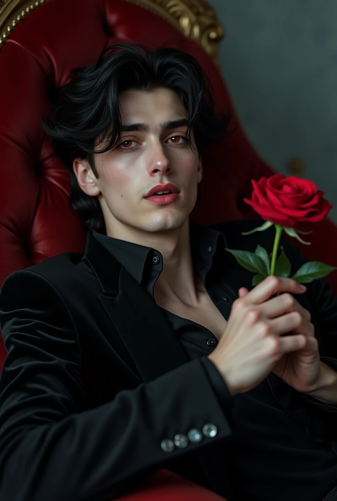 sexy male vampire, young, 19 years, Man, black hair and red eyes, sehr young, smile, smile, vampire teeth, holding rose pose, leaning back, lowering