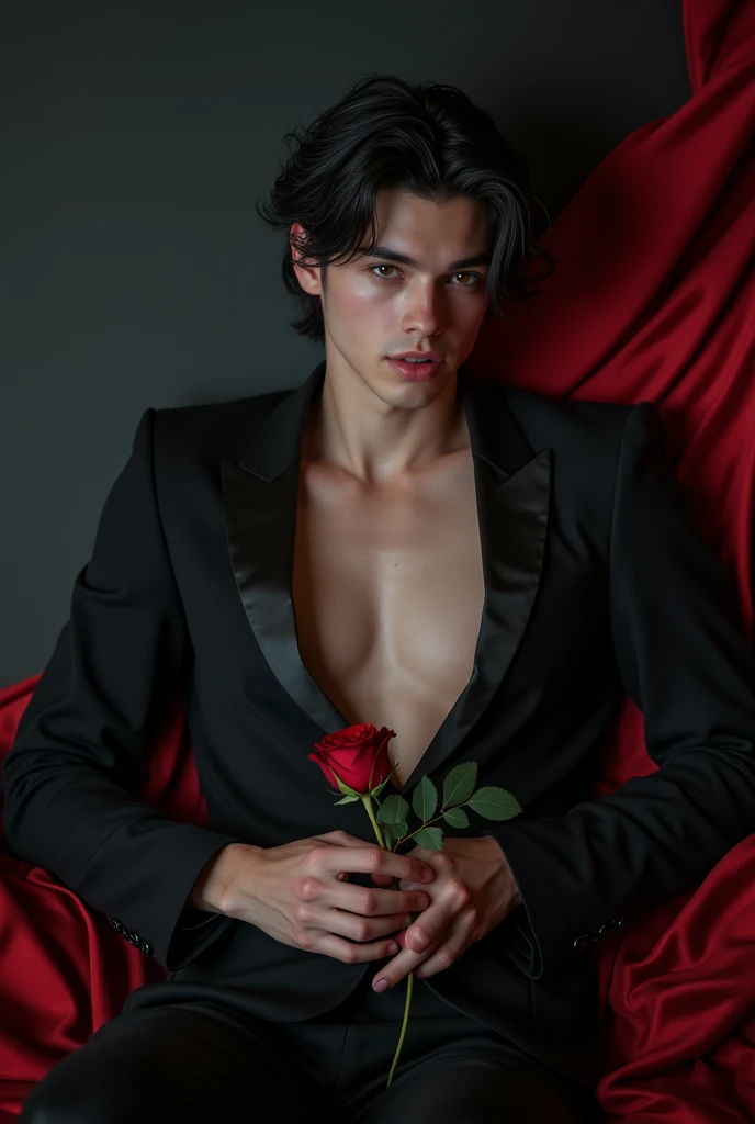 sexy male vampire, young, 19 years, Man, black hair and red eyes, sehr young, smile, smile, vampire teeth, holding rose pose, leaning back, lowering