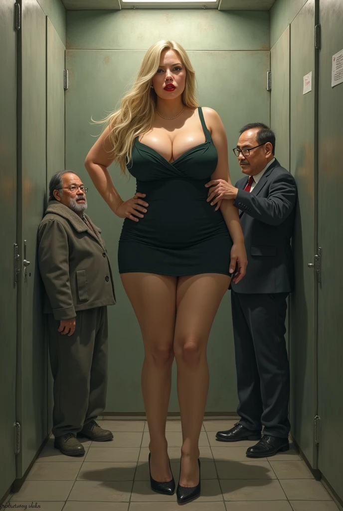 extremely Realistic, graphic, masterpiece, A detailed scenario of an restroom, Detailed background of an restroom, standing sexy tall blonde (Woman 1), (the woman is standing facing camera:1.9), (the woman wears formal dress:1.9), (The woman has huge tits and Big Ass and big thighs), (long legs), (pantyhose), (high heels), (((disdain expression))), Blushed, (small middle-aged Japanese man touches woman's breasts from behind:1.9), (man wears shabby clothes)