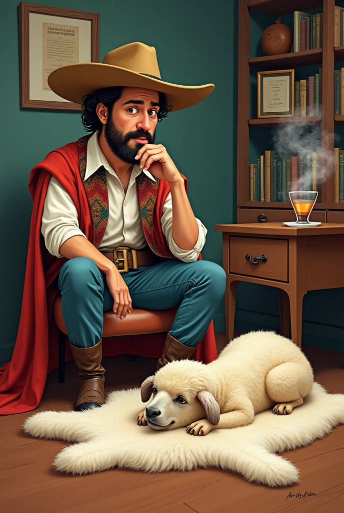 Create a very funny illustration of a Freud-like psychologist wearing gaucho clothes in front of a patient lying curled up on a sheepskin