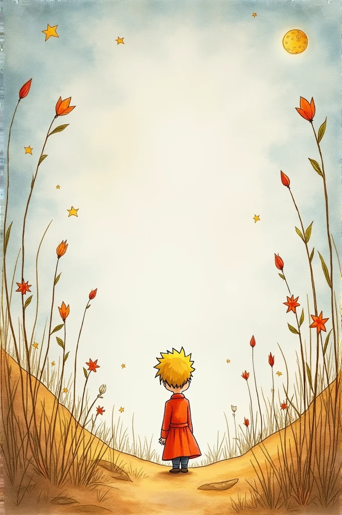 Paper with drawings of the story of the little prince and colored pencils 