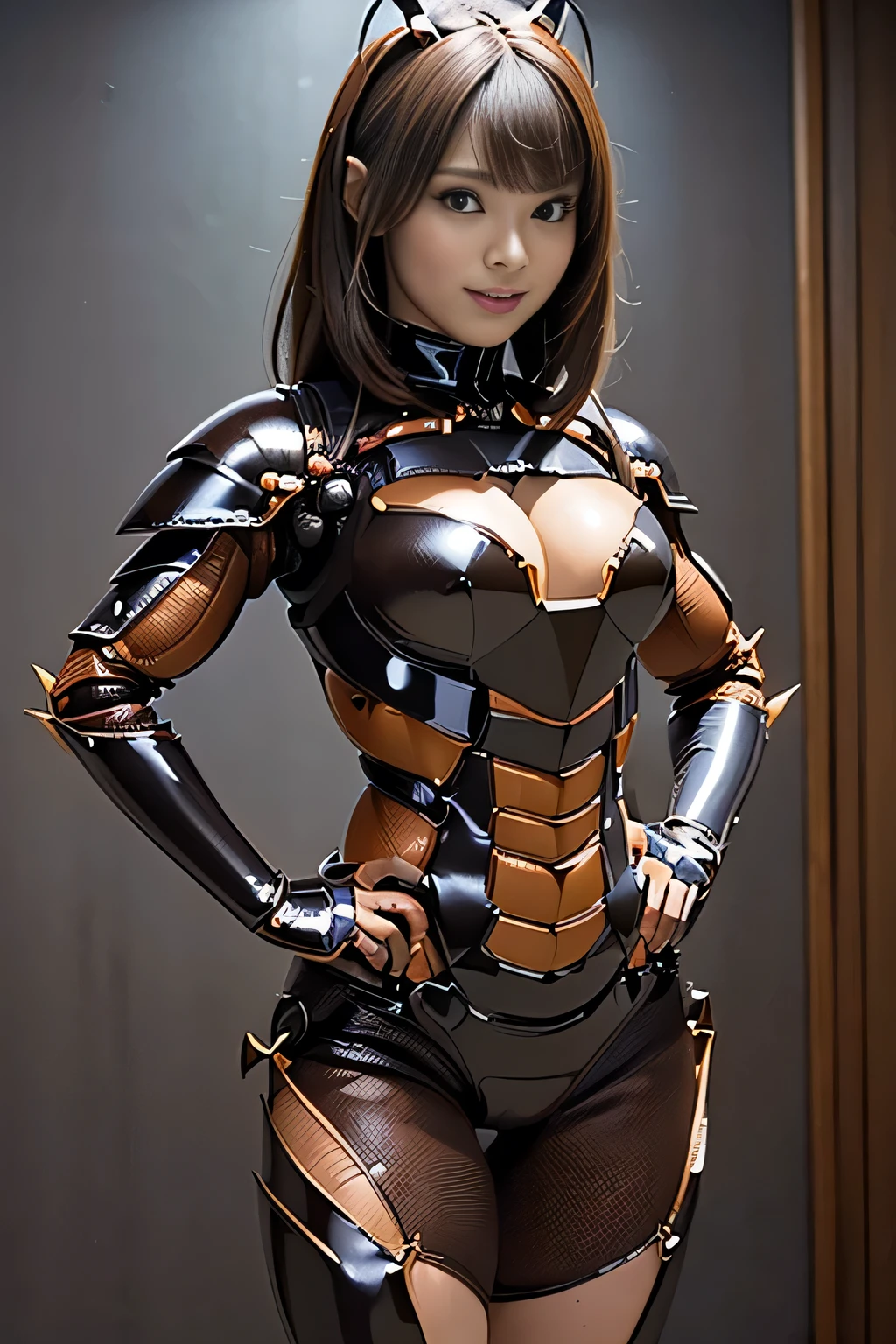 (high resolution,masterpiece,best quality,extremely detailed CG, anime, official art:1.4), realistic, photo, amazing fine details, all intricate, gloss and shiny,awesome many layers, 8k wall paper, 3d, sketch, kawaii, illustration,( solo:1.4), perfect female proportion,villainess, (fusion of dark brown cockroach and lady:1.4), (brown cockroach form lady:1.2), (brown cockroach lady:1.2), (fusion:1.2), (solo:1.4), (evil smile:1.2), muscular, abs, (cockroach brown exoskeleton bio insect suit:1.4), (cockroach brown exoskeleton bio insect armor:1.2), (brown transparency cockroach wing:1.4), (brown cockroach antennae:1.3),