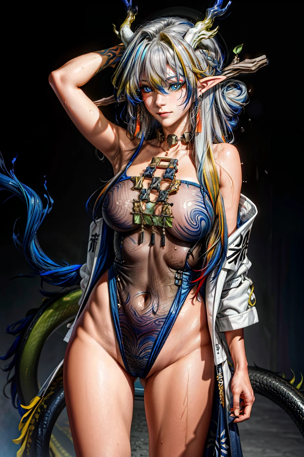 shu_arknights, choker, (multi colored hair:1.4), (blue eyes:1.5), long hair, (small breasts:1.2), thicc thighs, curvy hips, tanlines,
BREAK, (competition swimsuit:1.2), (wet shirt:1.2), see-through shirt,
BREAK looking at viewer, night, (sweaty body), ((smirk)), (sweaty:1.3), (from below), (frontal view), side view,
BREAK (masterpiece:1.2), best quality, high resolution, unity 8k wallpaper, (illustration:0.8), (beautiful detailed eyes:1.6), extremely detailed face, perfect lighting, extremely detailed CG, (perfect anatomy),ruanyi0070,