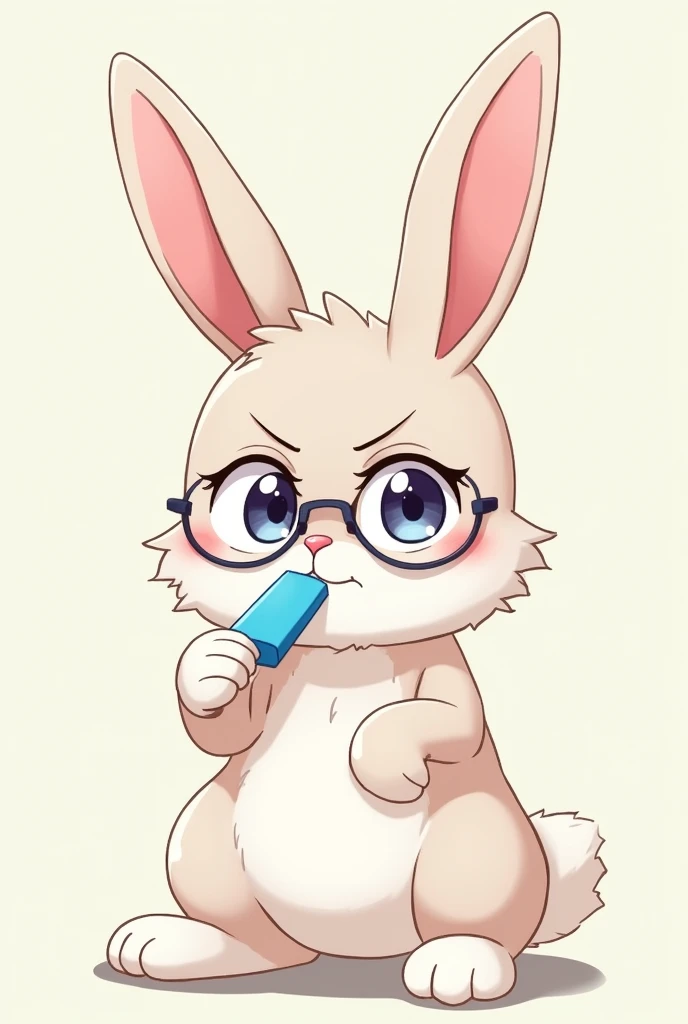 A serious anime-style furry bunny wearing glasses sitting upright eating a blue popsicle