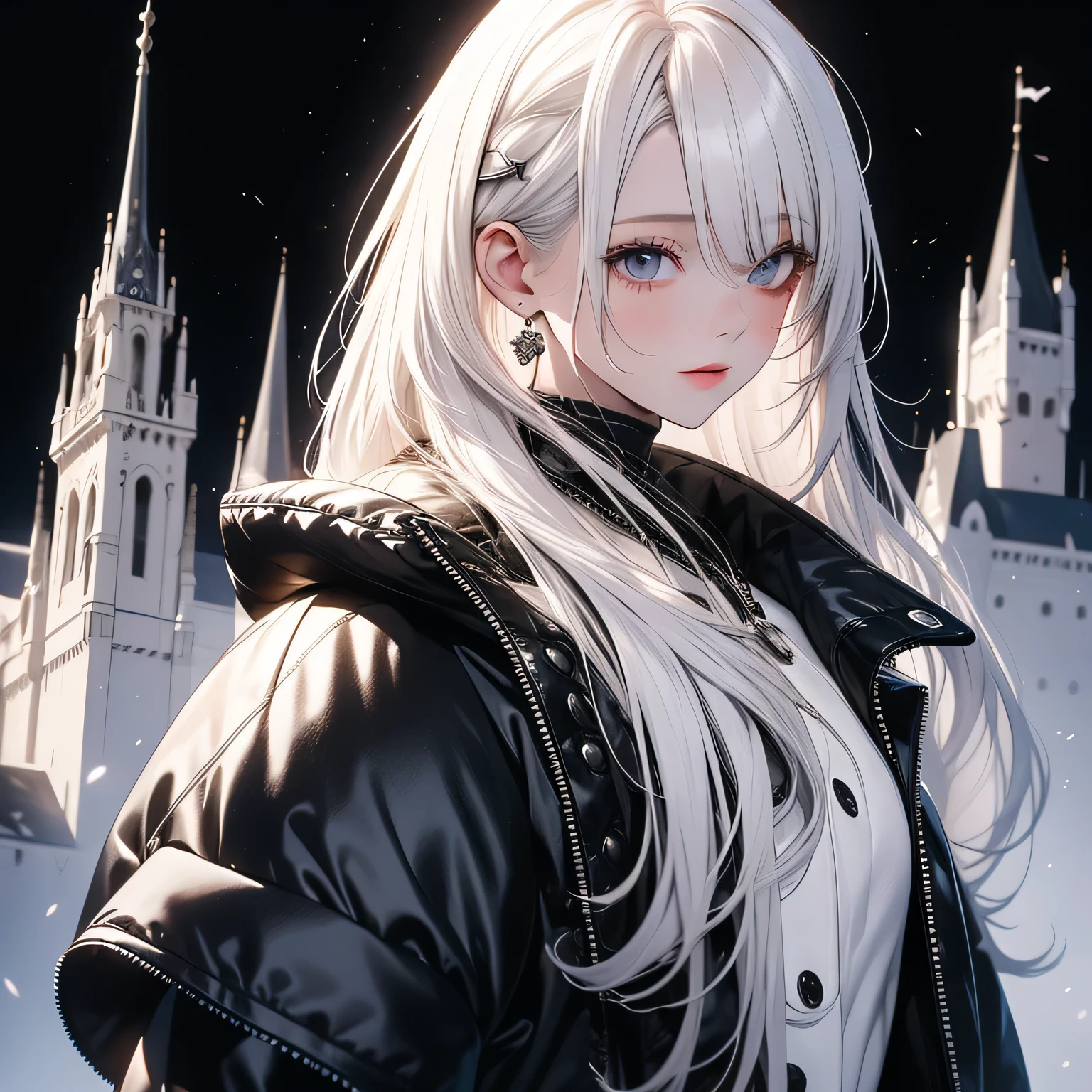 girl,White hair,Black coat,Standing in front of the dreamy castle,best quality,8k,Girl Half Body,Background