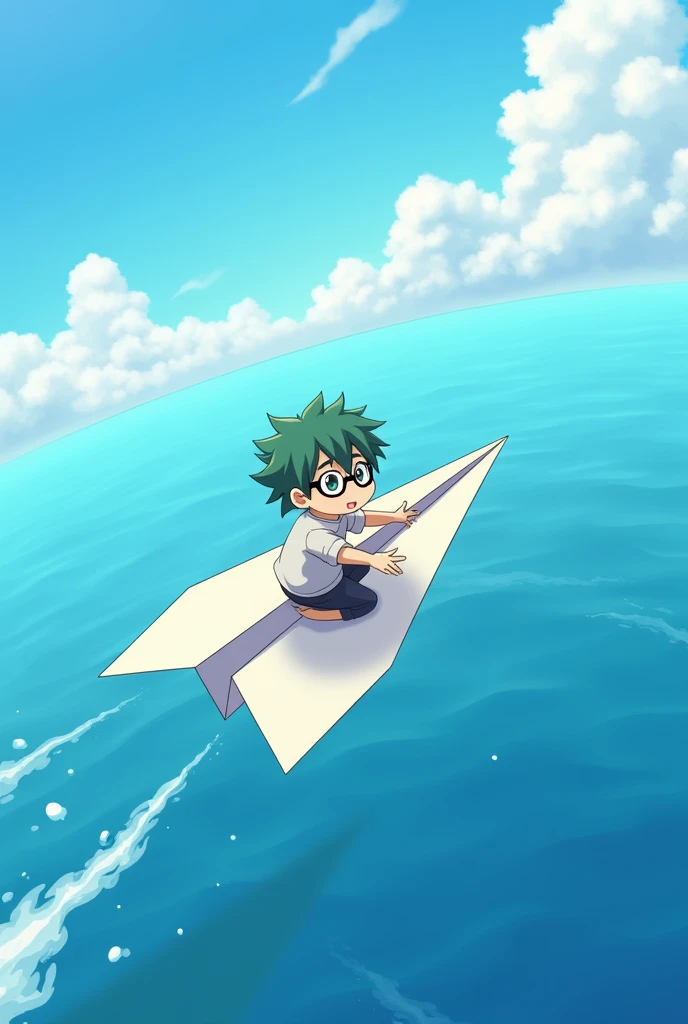 Riding on a paper airplane、Ocean、null、Cute young man with green hair and mashed hair, black-rimmed glasses, アニメ, casual clothes