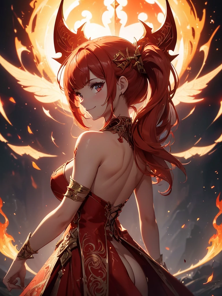 (((best quality, sharp image, clear image, cinematic lighting, 8k resolution, masterpiece, ultra detailed, intricate))) Girl, sorcerer, cute, intricate dress, smiling, fiery red, ((intricate background)), (rune frame), dimension, ((shot from behind)), fire sigils, chaotic background, ((half-body shot))