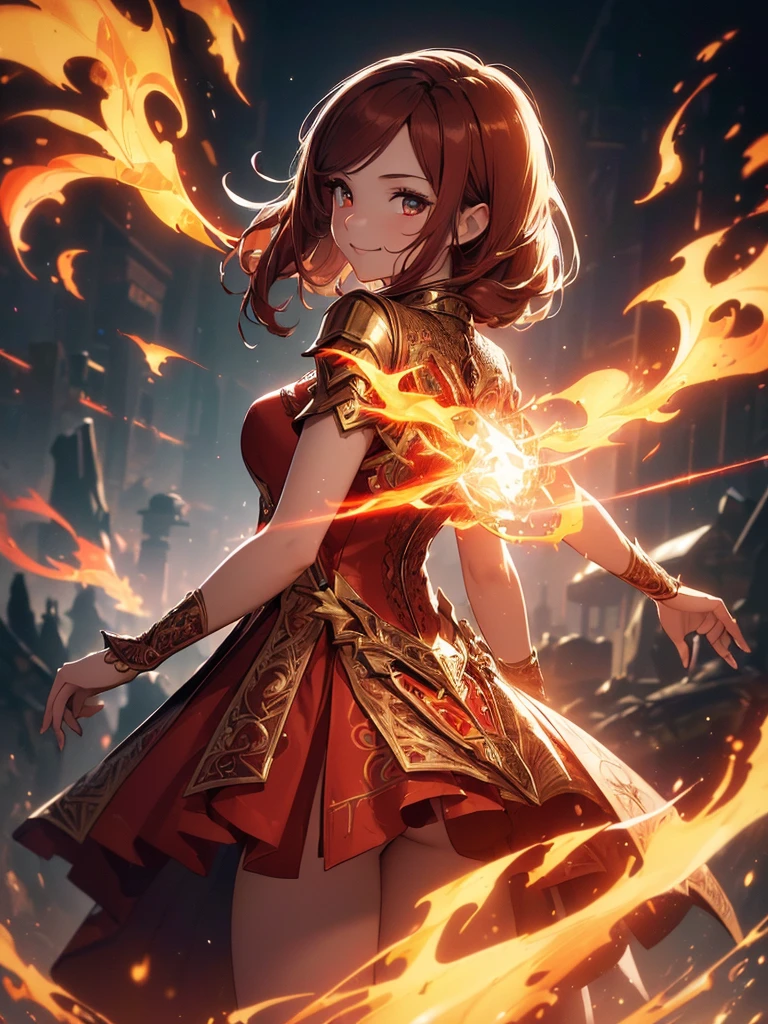 (((best quality, sharp image, clear image, cinematic lighting, 8k resolution, masterpiece, ultra detailed, intricate))) Girl, sorcerer, cute, intricate dress, smiling, fiery red, ((intricate background)), (rune frame), dimension, ((shot from behind)), fire sigils, chaotic background, ((half-body shot))