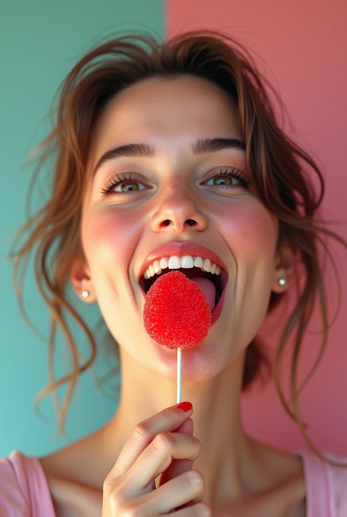 A very cute woman with her mouth open and tongue out, showing the gummy lollipop on her tongue、Gummy commercial、