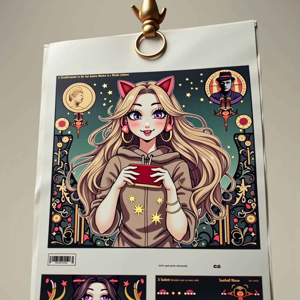 Young model 22-18, using a wallet. I provide you the wallet in the image.masterpiece, Long hair, breasts, Hoop Earrings, cat ear headphones, smile, violet eyes, smile, Multiple views, jewelry, hood, American propaganda poster, Art Nouveau,