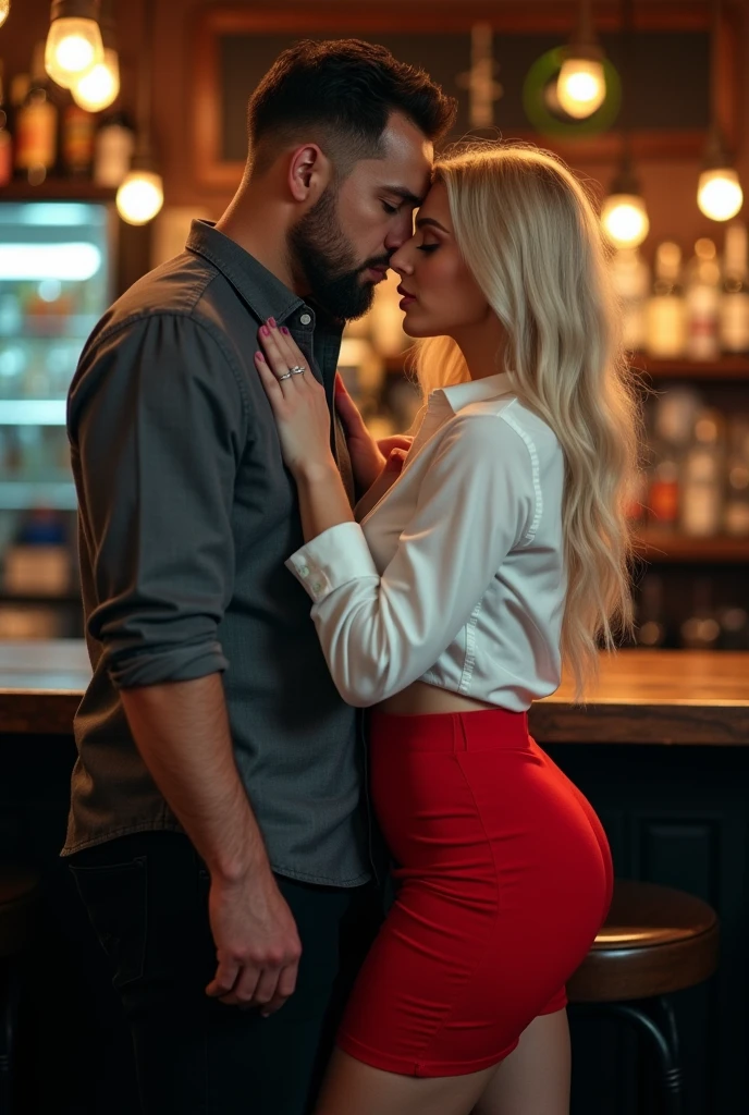 ((A realistic photo)),one woman and one man. The woman has platinum blonde hair, 20 years old. The man is mexican, has 40 years old. Together in a pub. Women dressing a white blouse and red skirt. Man casual clothes black pants and shirt. The woman takes the man's left hand, the man's face is not visible. The woman has huge round breasts, beautiful legs, blue eyes. The image is full body shot