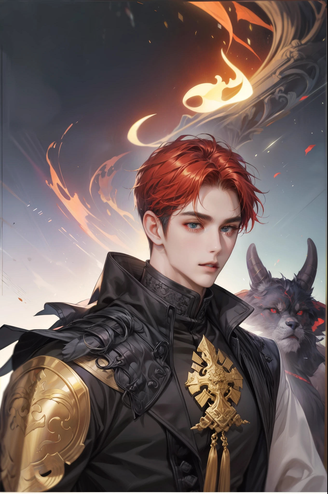 there is a man with a red hair and a black jacket, beautiful androgynous prince, delicate androgynous prince, artwork in the style of guweiz, handsome guy in demon slayer art, fantasy male portrait, renaissance prince, a portrait of a male elf, highly detailed exquisite fanart, in the art style of bowater, by Yang J, handsome prince