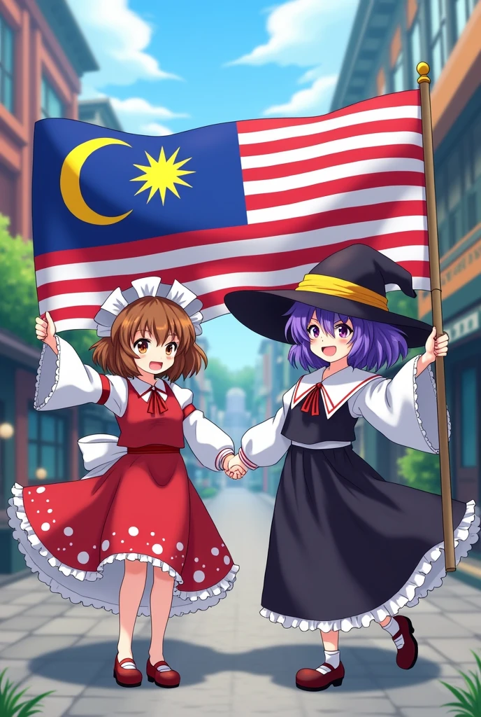 Reimu and Marisa holding a Malaysian fiags