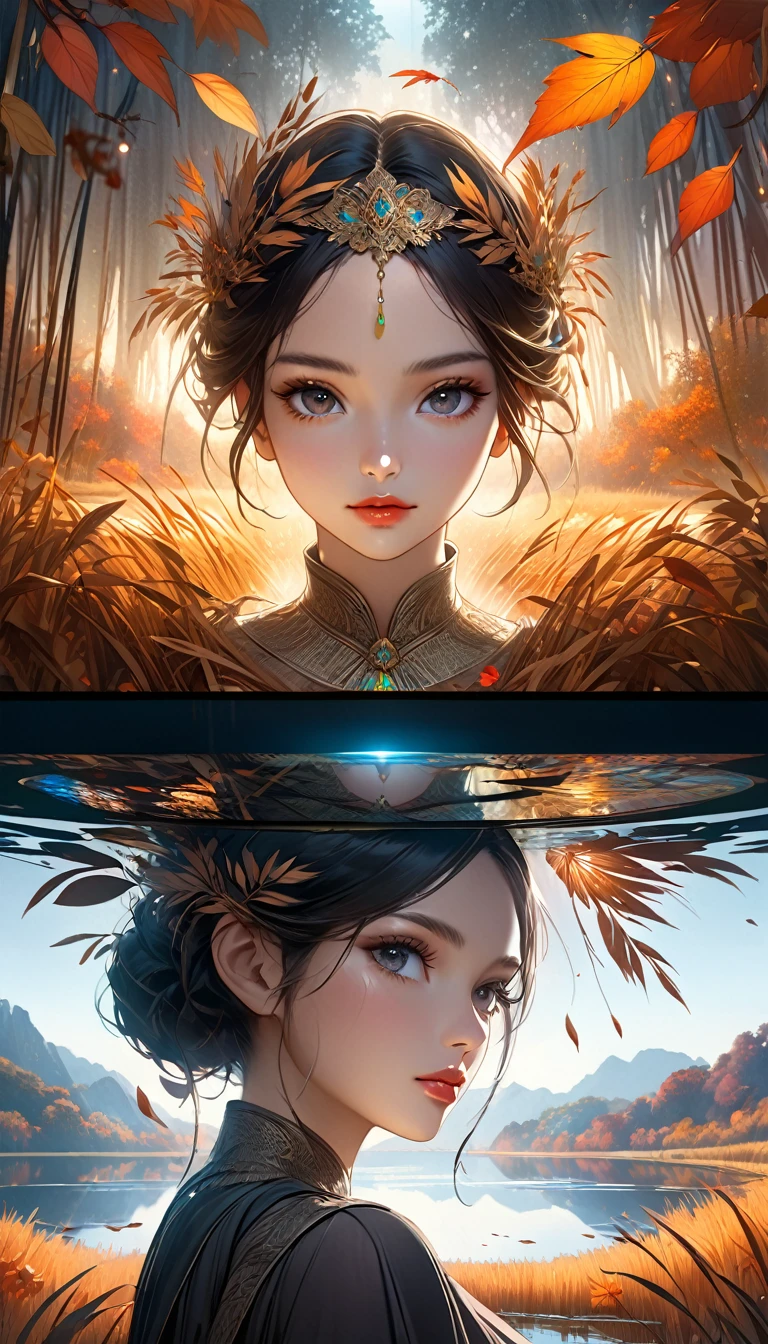 Reed landscape, bright canvas, The reed leaves are fluttering, Transparent holographic reflection, Surreal landscape made of reed leaves, Leaves viewers speechless,
A beautiful world, 1 Indian woman, detailed eyes, Black eyes, detailed lips, very detailed face, long eyelashes, Beautiful and detailed portraits, elegant, tranquil expression, autumn, high quality, 8k,
realistic, surrealist, studio lighting, Physically Based Rendering, vivid colors, movie lights, dramatic lighting, soft lighting,
dramatic contrast, clear, ethereal, dreamlike, mysterious, magical, fancy, concept art
