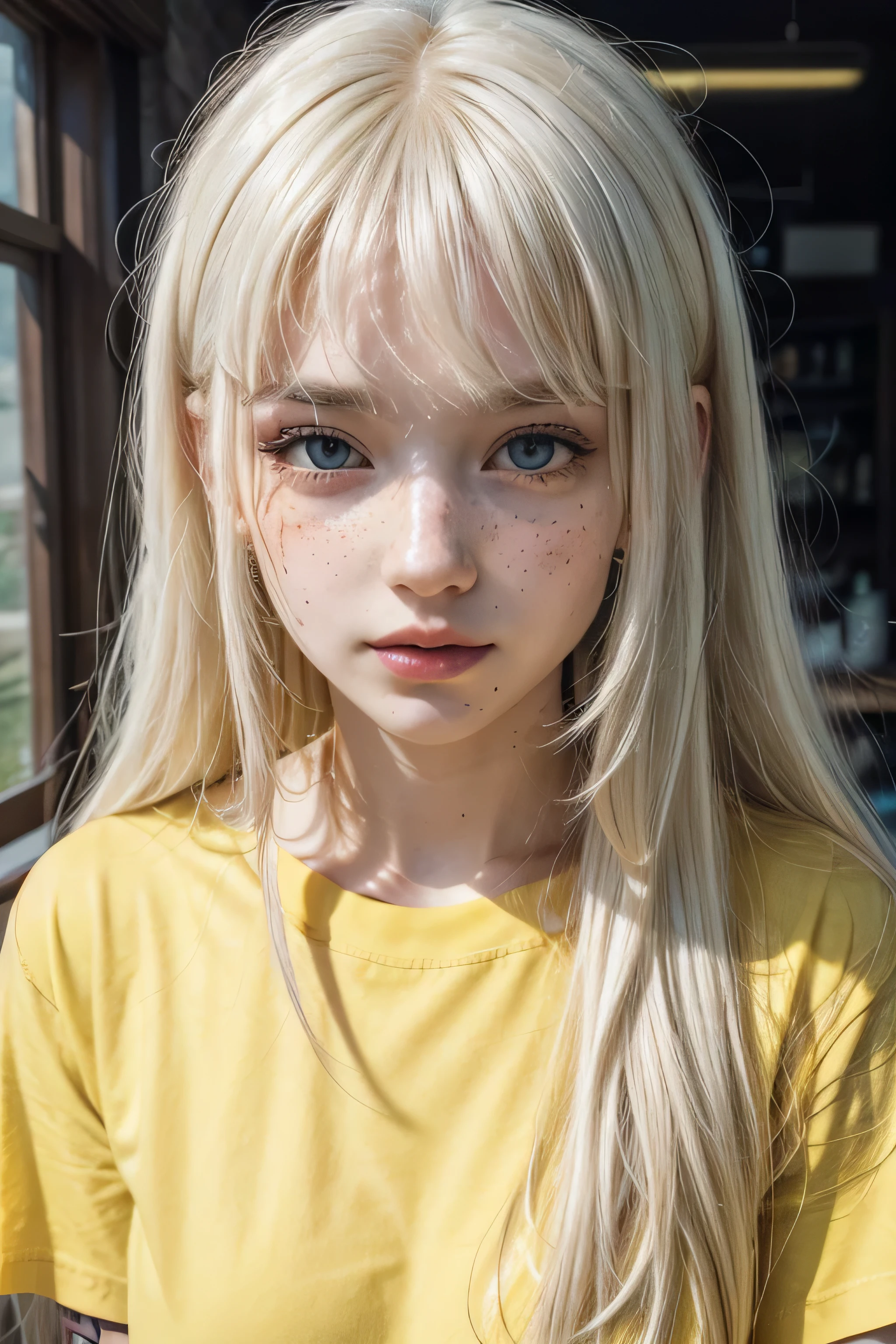 Woman, long white hair, bangss, freckles on the face, tattoo's, yellow t-shirt.