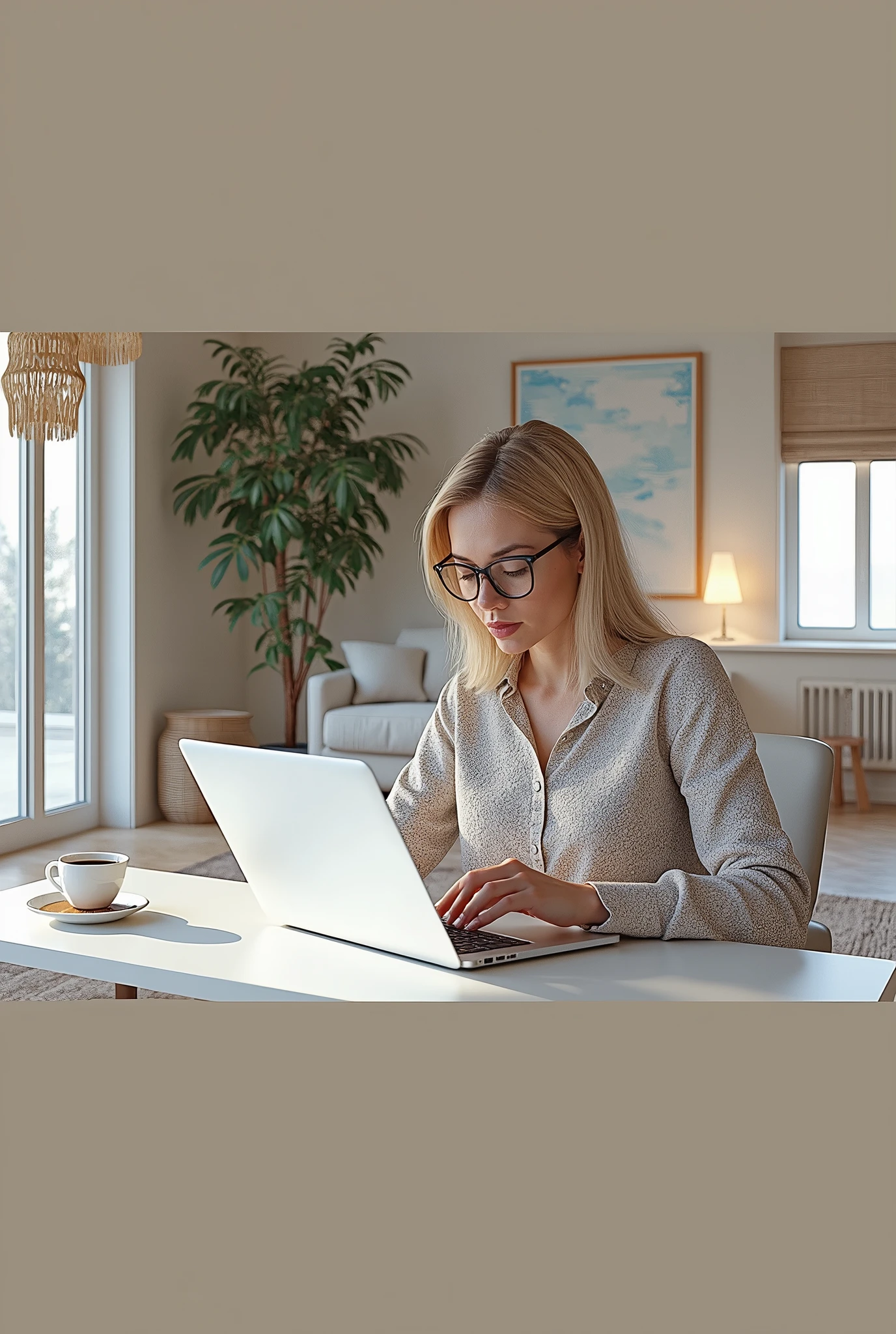 the image could show a person working on a laptop from their home, with a backdrop of a modern home and a cup of coffee on the table.