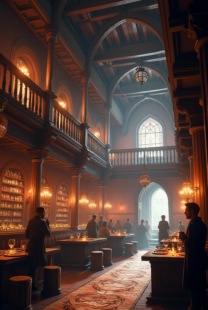 Large guild tavern inside, magical medieval, crystal lights, withouth People, Spectator view, cozily, Simpler