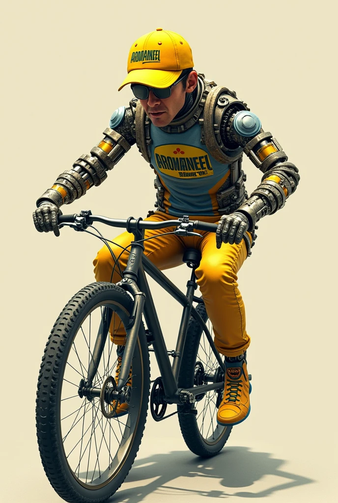 A man made of nutbold wearing Aromaneel engine oil tshirt with yellow pants and golden shoes sitting on bike riding pose  with yellow cap advertising brand (Aromaneel)