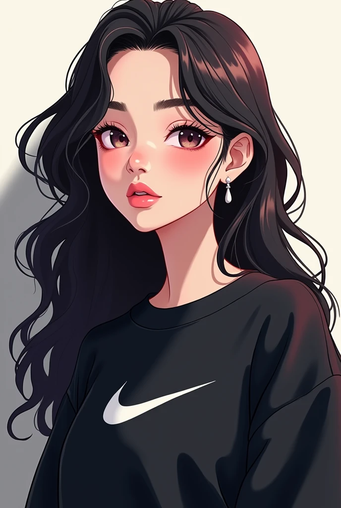 white woman with pink lips, long wavy hair, ear rings, black nike sweatshirt. anime styling.