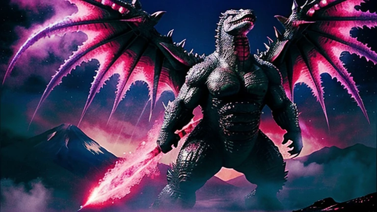  a super ultimately strong and powerful godzilla  evolved that has atomic breath super powerful strong and evolved that it dorsal plates that are near ice and eyes turns red purple and pink with crystals on his feat and elbow matching the red purple and pink make him ginormous 