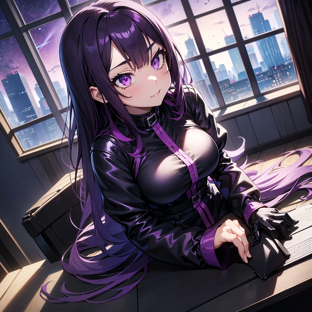 my_hero_academia, {female, long_straight_hair, purple_black_hair, purple_eyes, large_breast, looking_up, gothic, latex,}, seductive_pose, living_room_setting, windows_overlooking_night_sky, computer_desk,