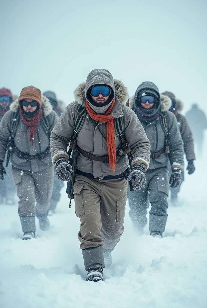 The team of explorers facing a fierce snowstorm, with limited visibility