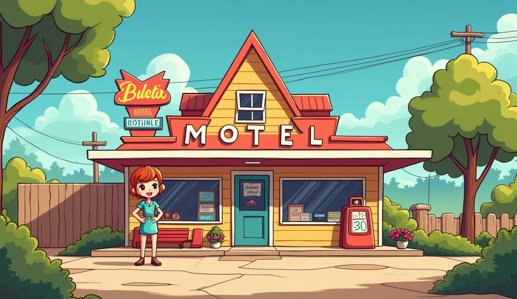 Motel with shop girl in front of it in cartoonist look
