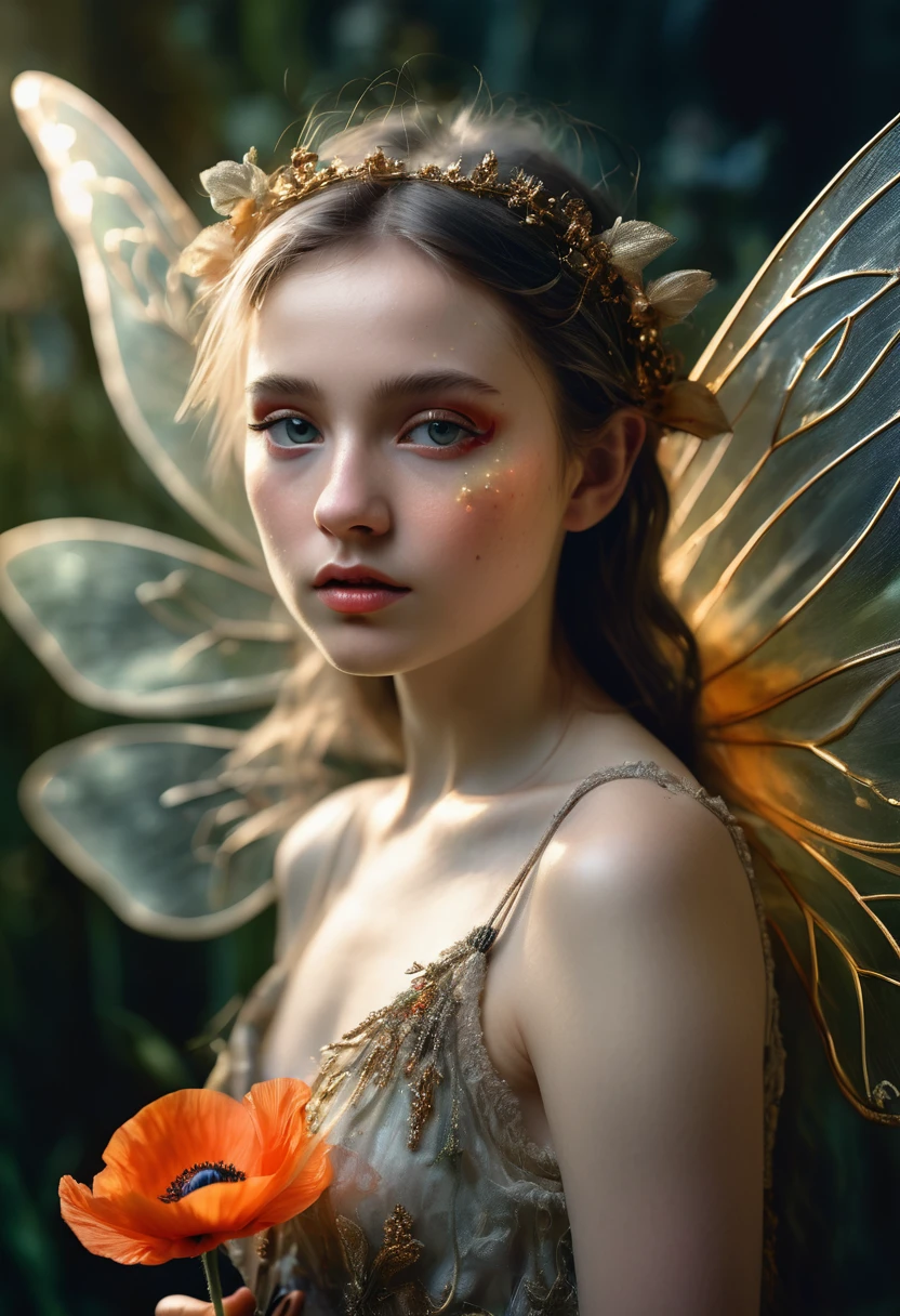 A stunning, surreal image capturing a wee ethereal fairy with intricately detailed golden and transparent wings, her delicate ethereal angelic face is  illuminated by luminous shadows that add depth and drama to the scene. She is holding a poppy.. Her skin is amazingly luminescent. The image is captured using Fujifilm Provia 400x, enhancing the richness and vibrancy of the scene. This masterpiece pays homage to the works of renowned artists such as , Jenny Saville, and Max Ernstrunepunk, merging their styles to create a captivating and unforgettable visual experience., photo, painting.