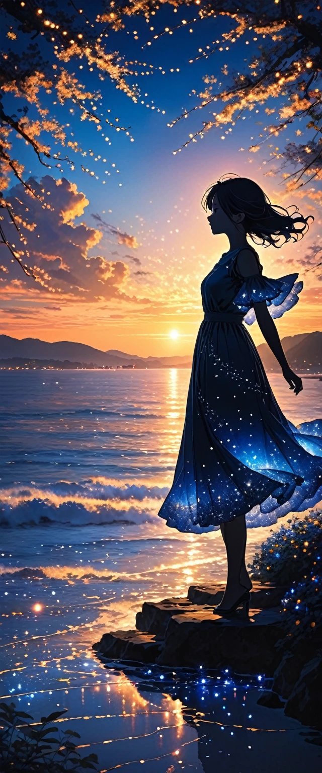 The image depicts a silhouette of a girl standing against a stunning sunset background. The sky transitions from a deep White, near the horizon to a deep Electric blue as it ascends. The figure appears to be enveloped in a series of tiny glowing fairy lights, some of which are illuminated, creating a stunning and captivating contrast to the dark silhouette. The figure appears to be holding out one arm, perhaps adjusting to or interacting with the lights. The overall mood of the image is peaceful and magical.