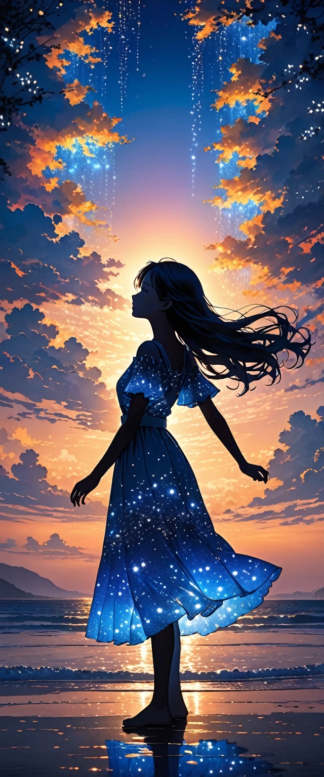 The image depicts a silhouette of a girl standing against a stunning sunset background. The sky transitions from a deep White, near the horizon to a deep Electric blue as it ascends. The figure appears to be enveloped in a series of tiny glowing fairy lights, some of which are illuminated, creating a stunning and captivating contrast to the dark silhouette. The figure appears to be holding out one arm, perhaps adjusting to or interacting with the lights. The overall mood of the image is peaceful and magical.