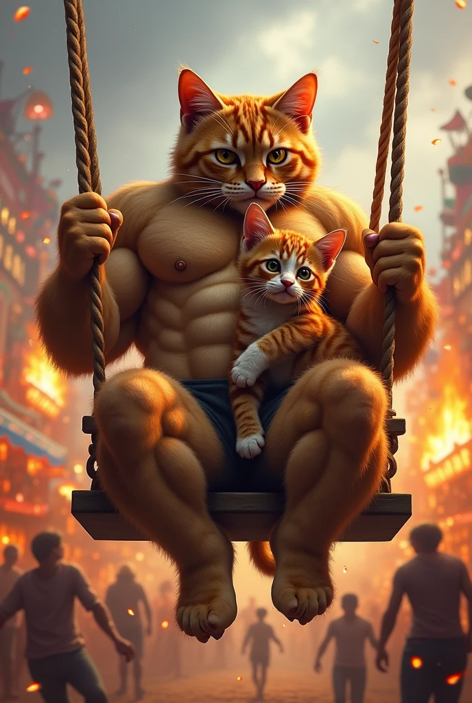 Ik bodybuilder cat Apne bacche ko haanth me pakre hua mela me jhule me baithe hai Achanak jhula tooot jata hai har taraf aag hi aag h dono ghayal h