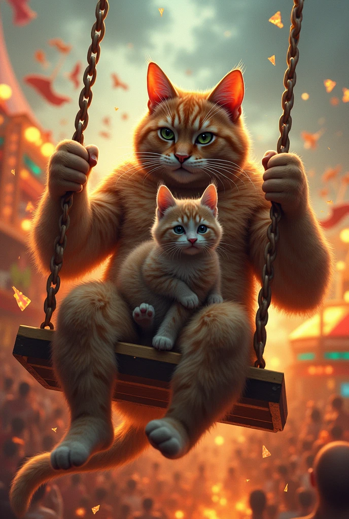Ik bodybuilder cat Apne bacche ko haanth me pakre hua mela me jhule me baithe hai Achanak jhula tooot jata hai har taraf aag hi aag h dono ghayal h