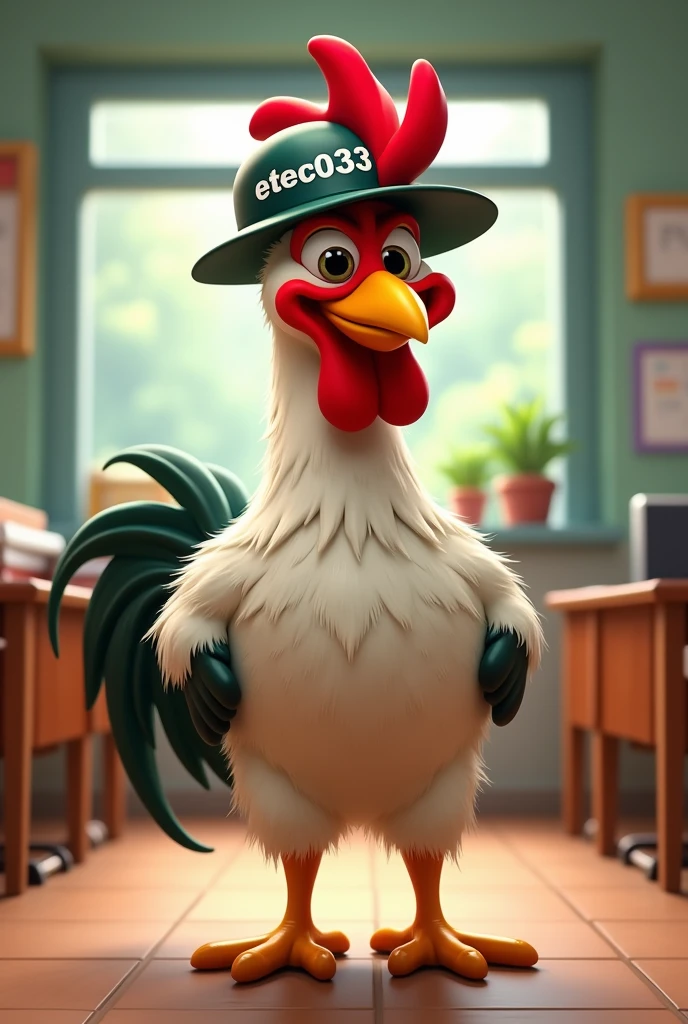 Strong rooster in humanized animation with hat written Etec033 at school