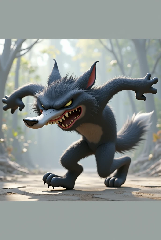 pixar style, sideview of a 3D cute but revengeful mischief black furry wolf with grey snout and belly, with realistic black fur, 3D illustration, captured in a highly exaggerated cartoonish pose ((blowing air from mouth with full force:1.5)). The wolf's cheeks are puffed, lips rounded and eyes closed. The wolf's legs are bent, and its arms stretch backward, emphasizing the comical exertion. The expression on the wolf's face is exaggerated, with closed eyes, furrowed brows, and a humorous intensity. (1male wolf:1.2), (sinister and mischief expression:1.5), dark behaviour, lean build, (disproportionate body long nose and mouth), (realistic fur texture), (jungle background:1.4), sunlight filtering through the trees, (soft lighting:1.3), (green and earthy color scheme:1.3), (highly detailed), (ultra quality:1.3), (masterpiece), (digital art), 8K resolution, HDR, depth of field, (soft shadows), (photorealistic:1.3), (animation:1.2), (by Greg Rutkowski:0.9), (in the style of Alphonse Mucha), trending on ArtStation, award-winning art