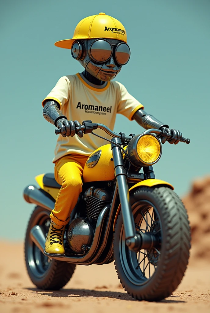 A man made of nutbold wearing Aromaneel engine oil tshirt with yellow pants and golden shoes sitting on pulsar bike riding pose with yellow cap advertising brand (Aromaneel)