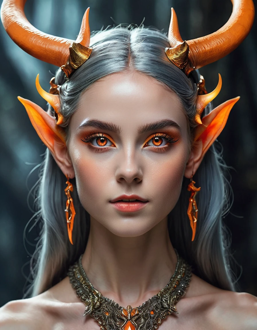 A woman with multiple horns made through her hair, gray skin, strong, anatomically perfect slim body, orange eyes, realism, small elf ears, detailed face, intricate hair, ornate headpiece, dramatic lighting, cinematic composition, vibrant colors, fantasy, digital art