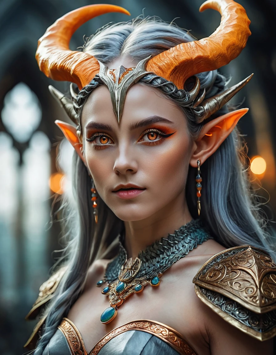 A woman with multiple horns made through her hair, gray skin, strong, anatomically perfect slim body, orange eyes, realism, small elf ears, detailed face, intricate hair, ornate headpiece, dramatic lighting, cinematic composition, vibrant colors, fantasy, digital art