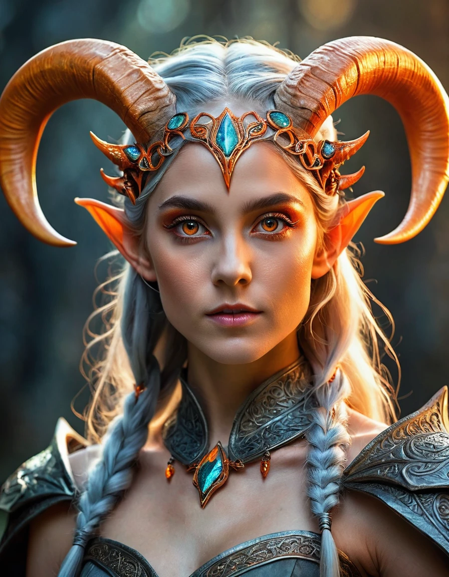 A woman with multiple horns made through her hair, gray skin, strong, anatomically perfect slim body, orange eyes, realism, small elf ears, detailed face, intricate hair, ornate headpiece, dramatic lighting, cinematic composition, vibrant colors, fantasy, digital art