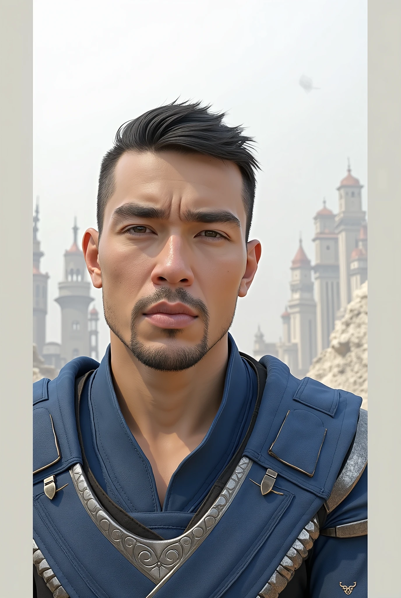 sem beard, Frontal portrait Hyper focus, warrior(sem beard)black short hair, realisitic, hiperrealisitics, realisitic, a body in the renatosphere, epic 3D realism, best in wlop, kan liu, daz3d, trends in CGsociety, estilo realisitic hiperdetalhado, completo cosplay, by Ric Nagualero, album, hyung tae kim, 8k, irreal engine 5, film composition, retratos realisitics hiperdetalhados, 3D game art, CG Society, Fantasyart, hd art of season, estética realisitic, cinematic lighting, border light, smooth light, border light de filme, fine glow, ultradetailed, 8k, uso realisitic de luz e cor, cinematic light, rendered in cinema4d 500–1000 AD -- ar 3:4- Niji 6