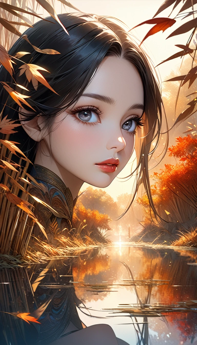 Reed landscape, bright canvas, The reed leaves are fluttering, Transparent holographic reflection, Surreal landscape made of reed leaves, Leaves viewers speechless,
A beautiful world, 1 Indian woman, detailed eyes, Black eyes, detailed lips, very detailed face, long eyelashes, Beautiful and detailed portraits, elegant, tranquil expression, autumn, high quality, 8k,
realistic, surrealist, studio lighting, Physically Based Rendering, vivid colors, movie lights, dramatic lighting, soft lighting,
dramatic contrast, clear, ethereal, dreamlike, mysterious, magical, fancy, concept art