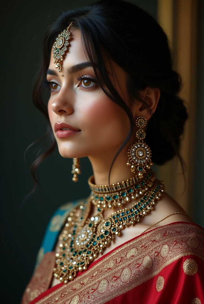 arafa woman in a sari with a necklace and a necklace, complex set, adorned with precious stones, wearing intricate, complex jewelry, with details Intricate, complex outfit, wearing elegant jewelry, details Intricate. 正面, black jewelry, Detailed Jewelry, high details Intricate, photo of a hand jewelry model, close up portrait, intricate beauty, complex jewelry, side view details Intricate,nsfw,sexly, com croped azul,showing pussy,rule34,sex