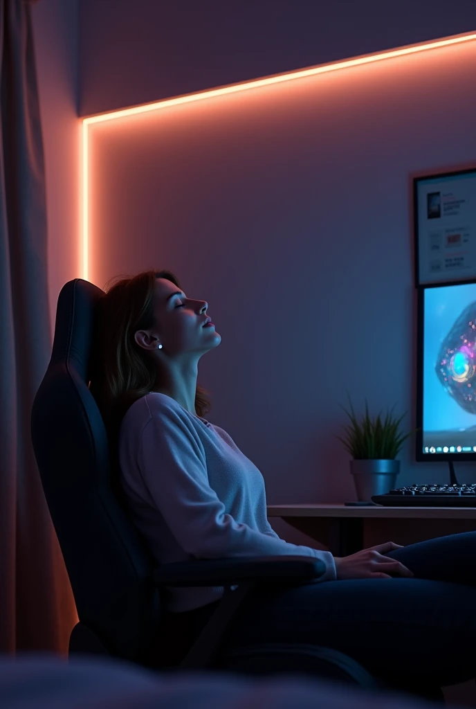 a women sitting on the gaming chair in her room while closing her eyes and relaxing her head on the back of the seat. there are a study table in front of her.her room is just dark and only beautiful led strip lights along the ceilings were on.
