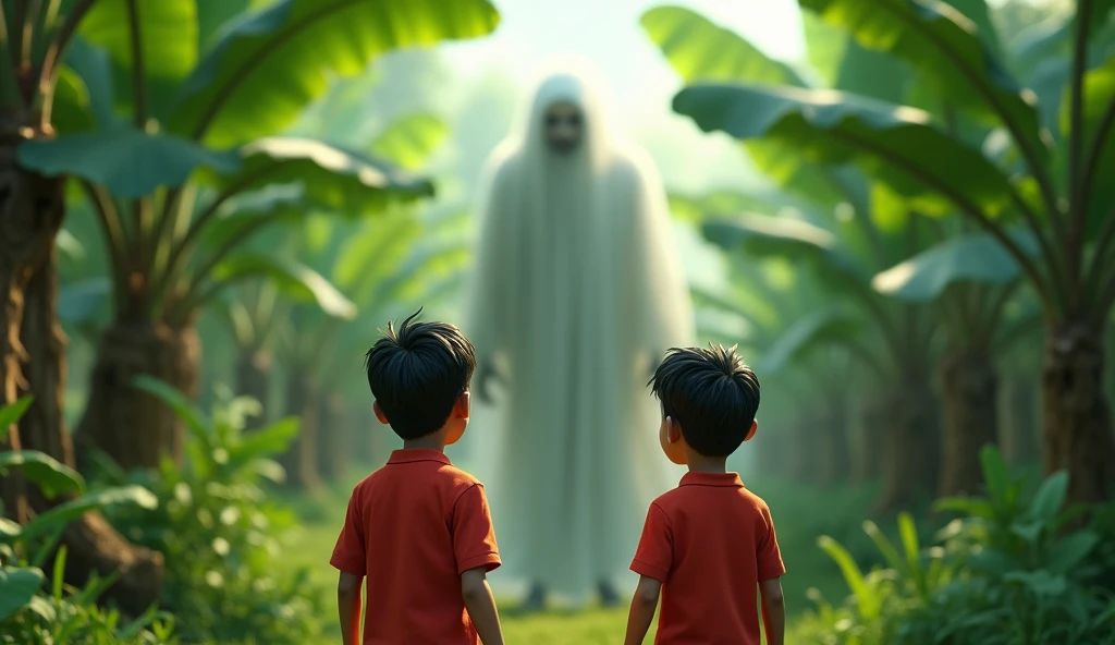 A 2 boy wearing red shirt, he's standing in a banana garden, and he's scared because a old man ghost standing font of him. 
The image should look like indian type 3d realistic animation