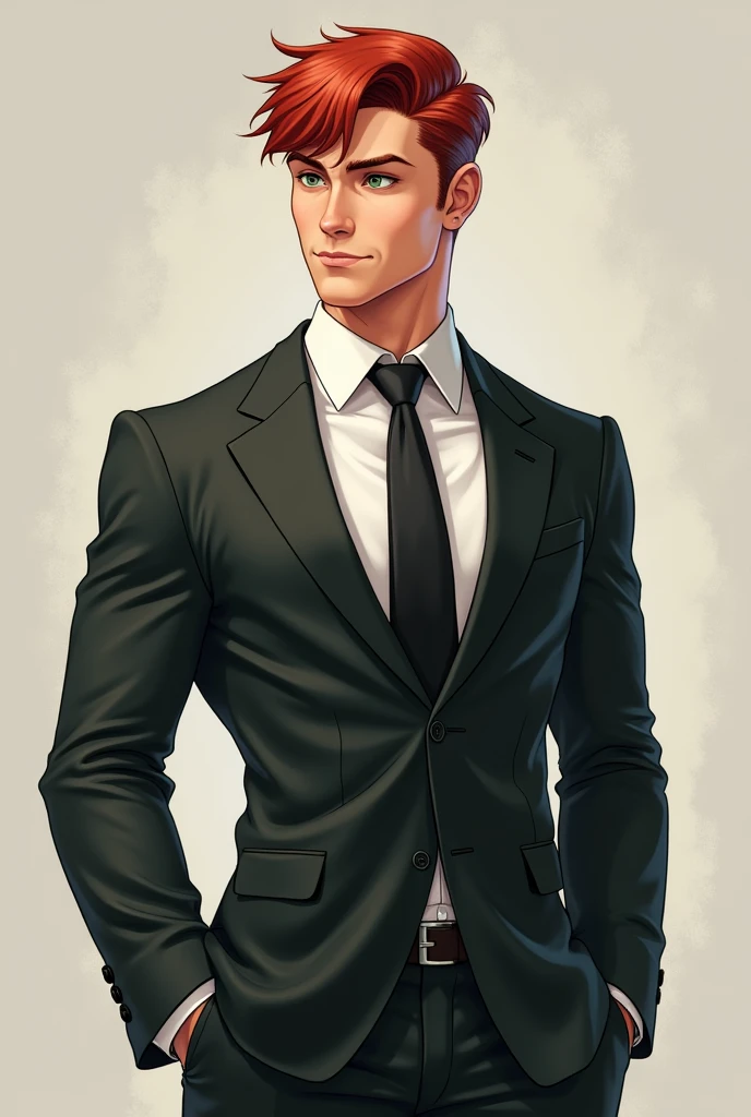 Young man with green eyes and white skin, cherry red hair with bangs on forehead, muscular man in realistic style suit