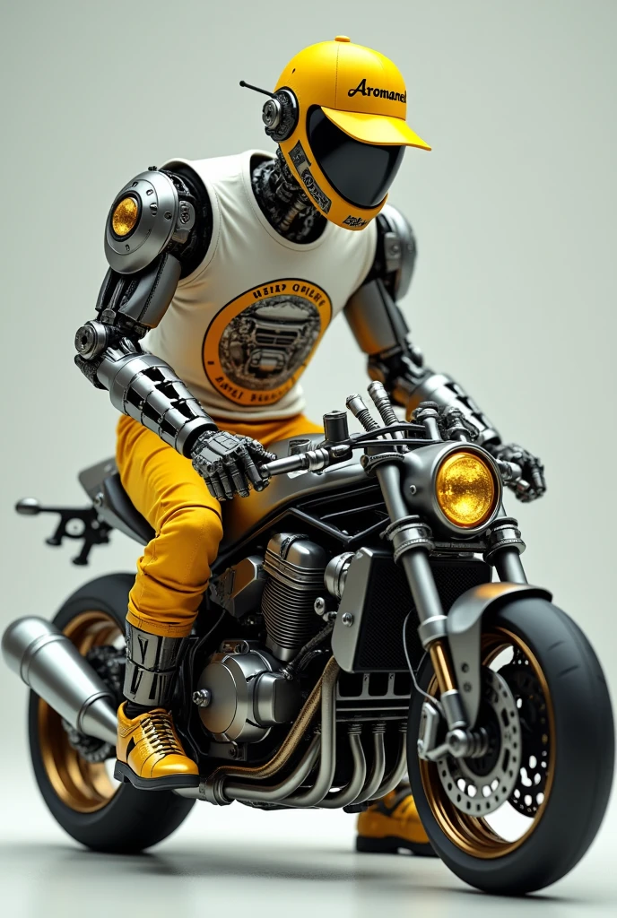 A man made of nutbold wearing Aromaneel engine oil tshirt with yellow pants and golden shoes sitting on sports bike riding pose with yellow cap advertising brand (Aromaneel)