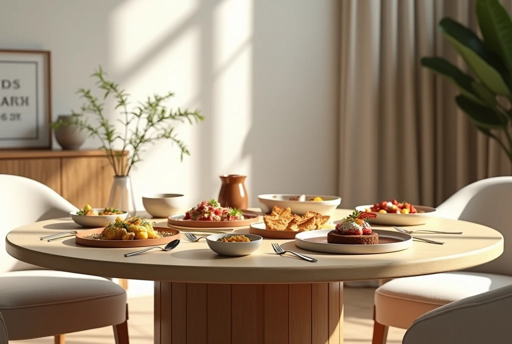 Circle dining table, food on table, mid close up, Prompts can be generated as follows: "(Best quality,4K,8K,A high resolution,Masterpiece:1.2),Ultra-detailed,(The strokes are delicate,Sharply defined),Large living room, Clean walls,Modern home,Maximalism,A neat and orderly space,Bright and clean environment,warm and inviting atmosphere,contemporary design,Functional furniture, Minimal distractions, Calm and peaceful atmosphere,Soft color palette,Neutral tones,Simple and elegant style,Smooth lines and shapes,Intentional and purposeful arrangement,peacful,Visual harmony,Meticulous attention to detail,Inspiring and motivating environment,Peace of mind,Quiet and peaceful environment,A harmonious balance of function and aesthetics,Superior workmanship and quality,Clear and uncluttered space,Great for intellectual pursuits,There are no distracting or unnecessary elements,Clean and refreshing appearance,Compositions that are cohesive and visually appealing,The harmony of the subject with its surroundings,serene and inviting atmosphere." Be aware of: 1. Don't include any explanatory content,2. tags and commas","Separate 3. Tags are ranked from highest to lowest importance 4. The tag does not contain quotation marks""