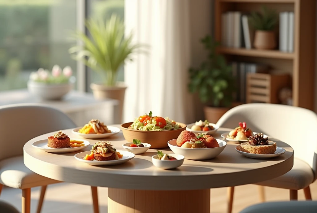 Circle dining table, food on table, mid close up, Prompts can be generated as follows: "(Best quality,4K,8K,A high resolution,Masterpiece:1.2),Ultra-detailed,(The strokes are delicate,Sharply defined),Large living room, Clean walls,Modern home,Maximalism,A neat and orderly space,Bright and clean environment,warm and inviting atmosphere,contemporary design,Functional furniture, Minimal distractions, Calm and peaceful atmosphere,Soft color palette,Neutral tones,Simple and elegant style,Smooth lines and shapes,Intentional and purposeful arrangement,peacful,Visual harmony,Meticulous attention to detail,Inspiring and motivating environment,Peace of mind,Quiet and peaceful environment,A harmonious balance of function and aesthetics,Superior workmanship and quality,Clear and uncluttered space,Great for intellectual pursuits,There are no distracting or unnecessary elements,Clean and refreshing appearance,Compositions that are cohesive and visually appealing,The harmony of the subject with its surroundings,serene and inviting atmosphere." Be aware of: 1. Don't include any explanatory content,2. tags and commas","Separate 3. Tags are ranked from highest to lowest importance 4. The tag does not contain quotation marks""