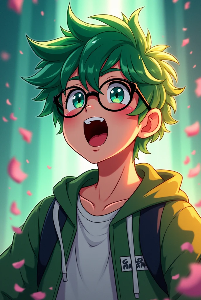 Cute young man with green hair and mashed hair, black-rimmed glasses, anime, casual clothes 歌っているところ