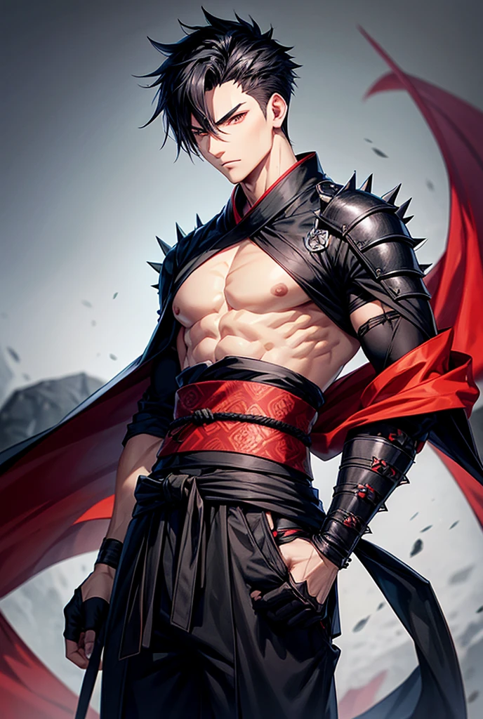make a male character, black spiky hair, face with black mark from eye to chin, body with black designs, defined and tall body, ripped black kimono, red sash around her waist, ninja pants and iron gloves on his arm.