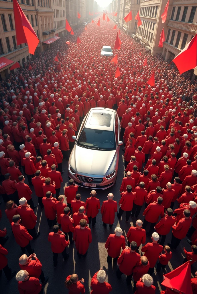 A city center seen from above:crowd with 1 million people dressed in red and white with flags around the car and a car in the middle of the people with 7 politicians in the background and another car behind